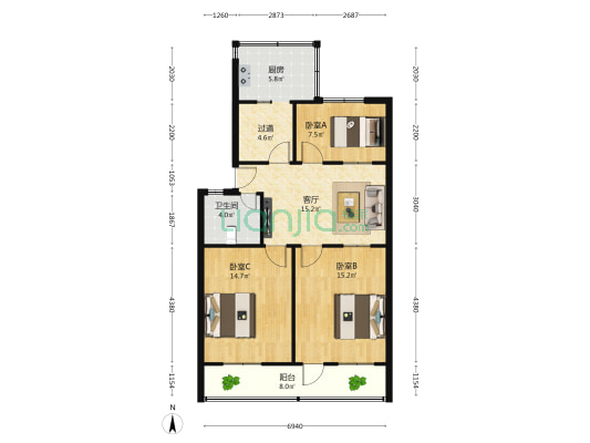 社保局家属楼1号楼 3室1厅1卫 87平方
