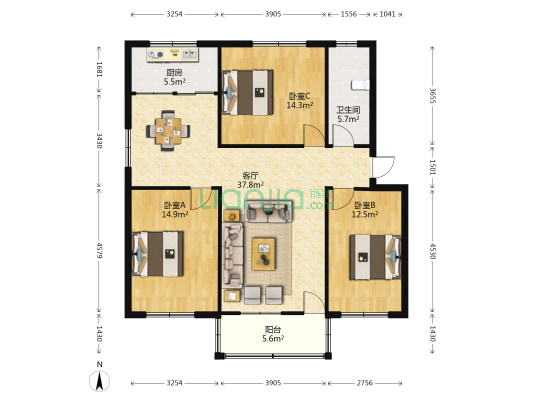 饮料厂南院 3室1厅1卫 116平方