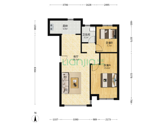 中建国贤府 2室1厅1卫 83平方