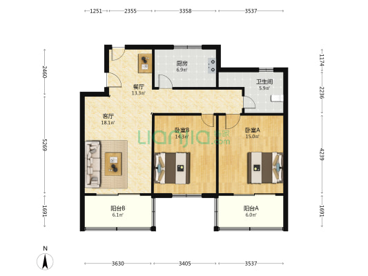 联谊新寓 2室2厅1卫 97平方