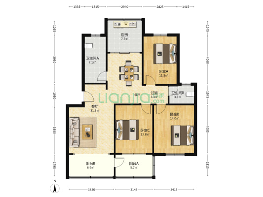 中建三局一公司住宅小区 3室1厅2卫 128平方