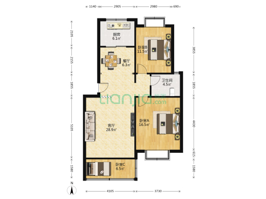 天一锦辉苑 3室2厅1卫 98平方
