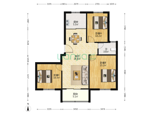 丽棠景苑 3室1厅1卫 124平方