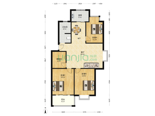 黎明城市中心花园 3室1厅1卫 120平方
