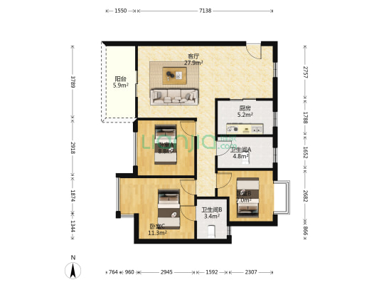 大新鸿基豪苑 3室1厅2卫 102平方