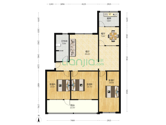 花园北路9号 3室2厅1卫 136平方
