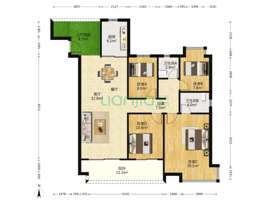 玖珑湾城果 4室1厅2卫 142平方