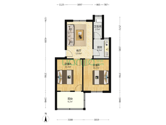 长沙市第三医院宿舍楼 2室1厅1卫 59平方