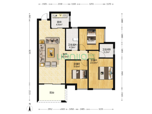 行运家园 3室1厅2卫 105平方