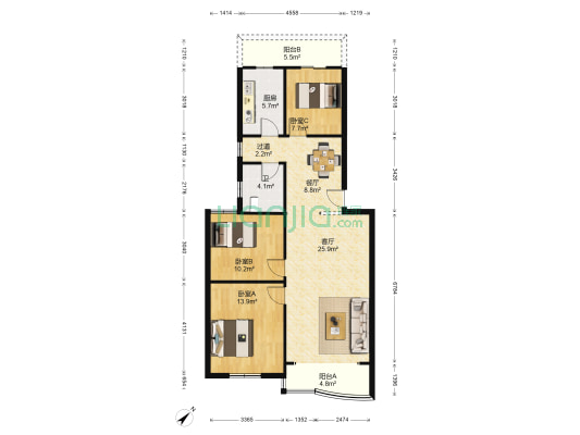 骑缘名居 3室2厅1卫 113平方