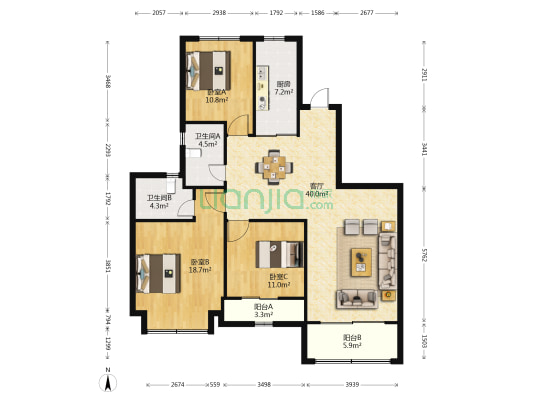 恒大翡翠华庭 3室1厅2卫 132平方