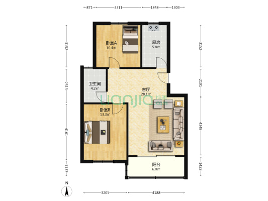 东城学府 2室1厅1卫 85平方