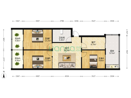海联院 3室2厅1卫 103平方