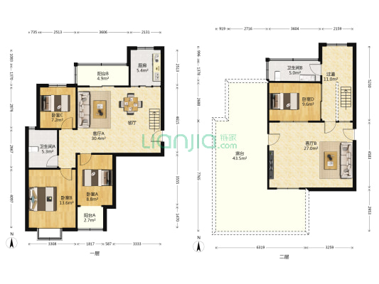 荣域小区4室2厅上下两层170平小区环境干净舒适-户型图