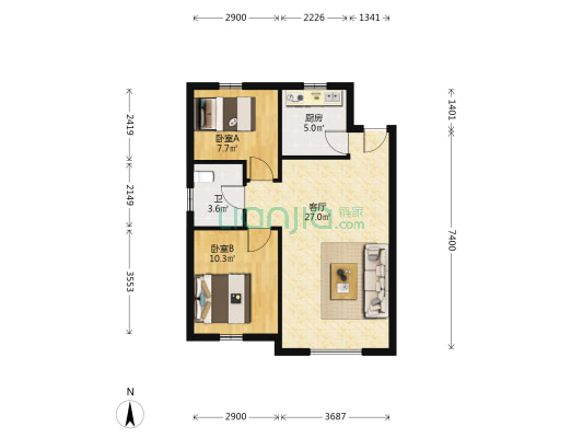 金地苏园 2室1厅1卫 87平方