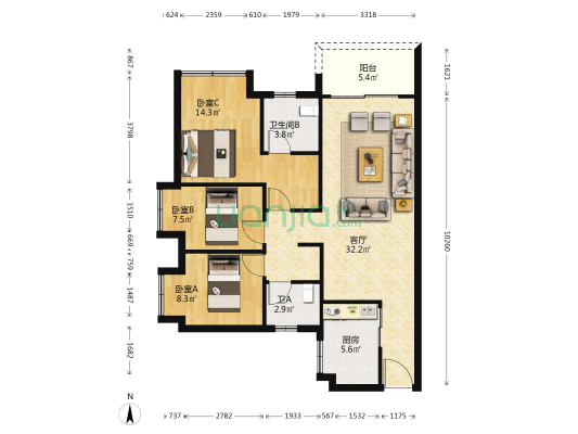 富力中以科技小镇 3室1厅2卫 93平方