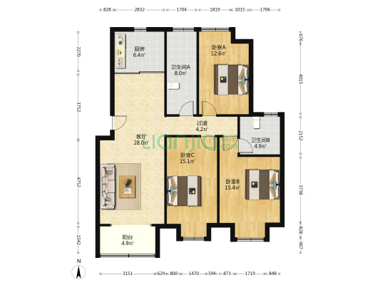 句容市北部新城拆迁安置小区 3室1厅2卫 137平方