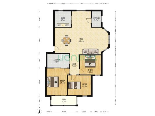 舜江名苑北区 3室1厅2卫 137平方