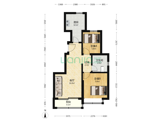 北京恒大上河院一期 2室1厅1卫 80平方