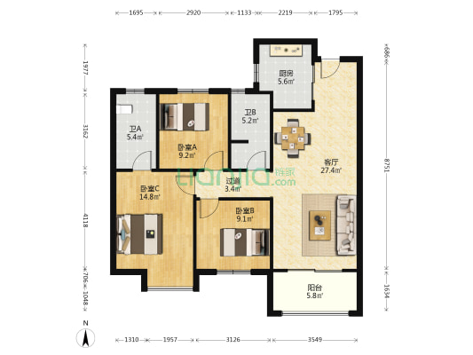君合天玺 3室1厅2卫 114平方