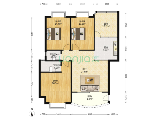 好顺景小区 3室2厅2卫 124平方