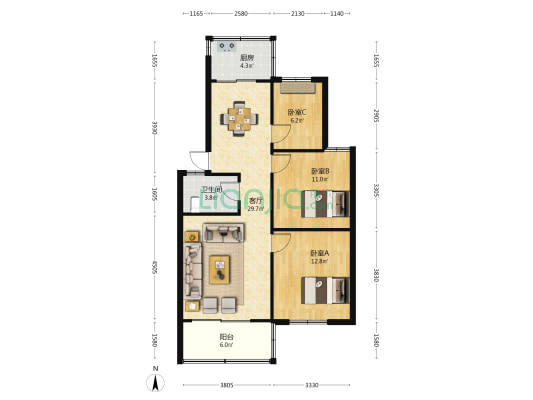 志强花苑 3室1厅1卫 86平方