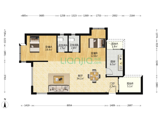 北滨华府 2室1厅2卫 101平方