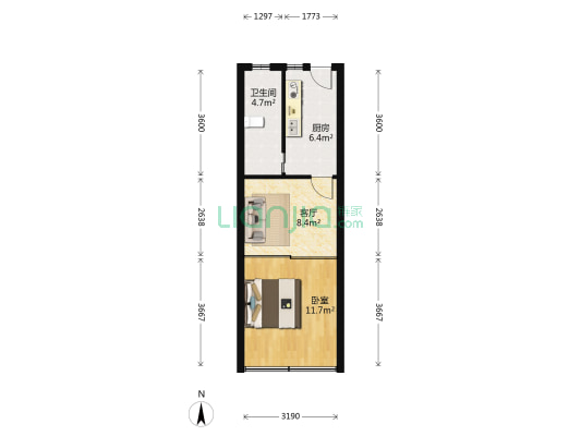 鞍山路61号 1室1厅1卫 36平方