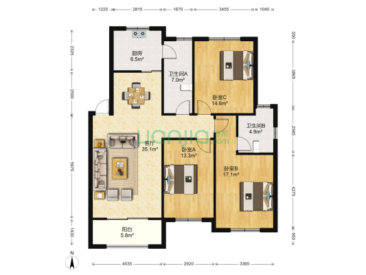 银桂院 3室1厅2卫 120平方