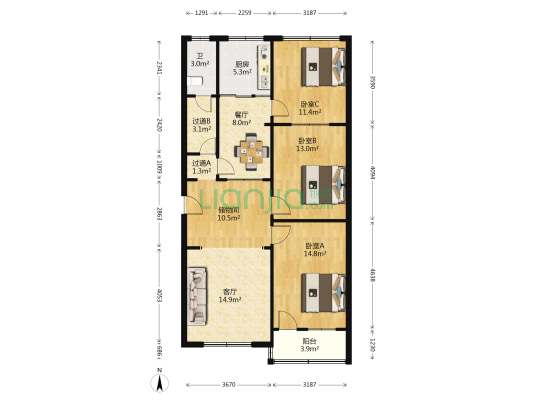 水巷子商校家属院 3室2厅1卫 108平方