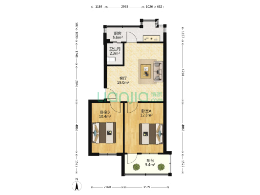 土产宿舍 2室1厅1卫 63平方
