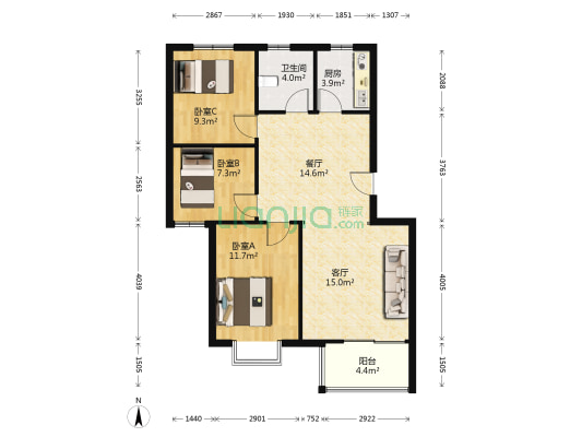 满二年，南北通透小3居 中间层 采光好 位置好-户型图