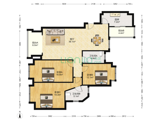 远光水印城 3室1厅2卫 138平方