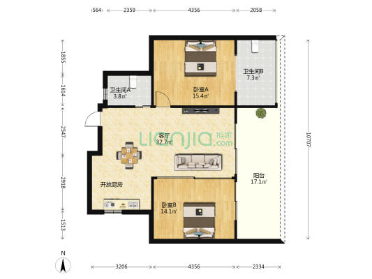 艺海棠 2室1厅2卫 95平方