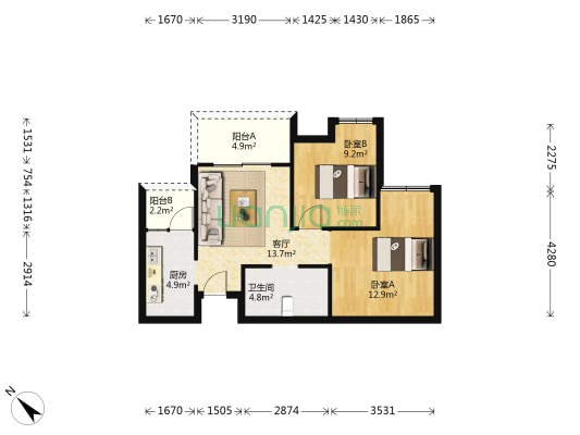 北成星中心 2室1厅1卫 67平方