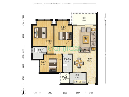 凯旋都汇豪庭 3室1厅2卫 98平方