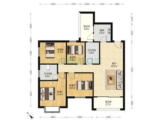海德花园 4室1厅2卫 120平方
