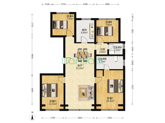 翡翠公园二期 4室1厅2卫 121平方