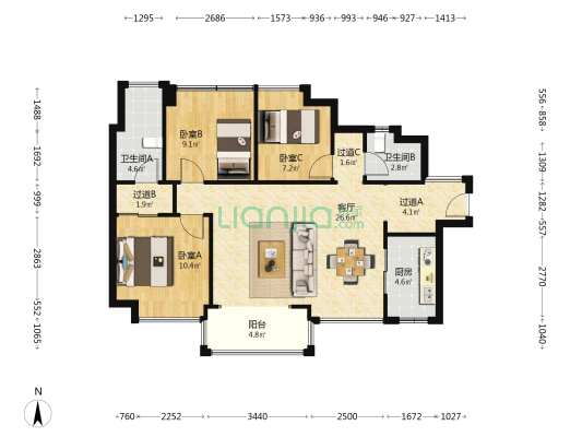 兰园·凤翎台 3室1厅2卫 95平方