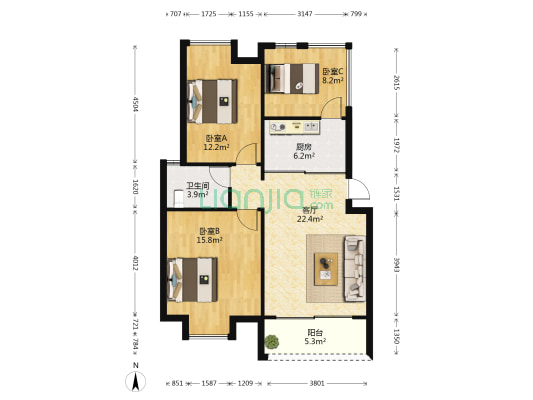 中央美地 3室1厅1卫 88平方