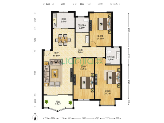 向阳小区 3室1厅2卫 129平方