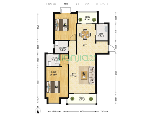 书香苑 2室1厅2卫 102平方