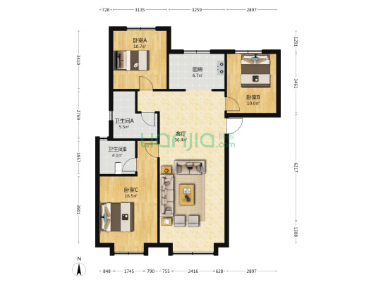 国瑞瑞城 3室1厅2卫 124平方