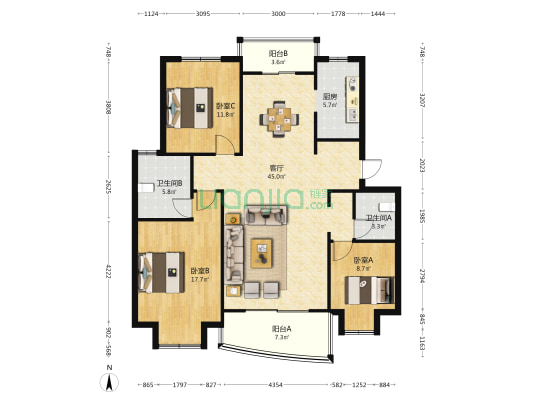 君豪花园 3室1厅2卫 133平方
