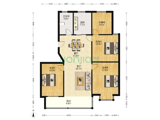 城市花苑 3室2厅1卫 139平方