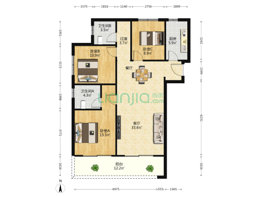 亚新大梁府 3室1厅2卫 129平方