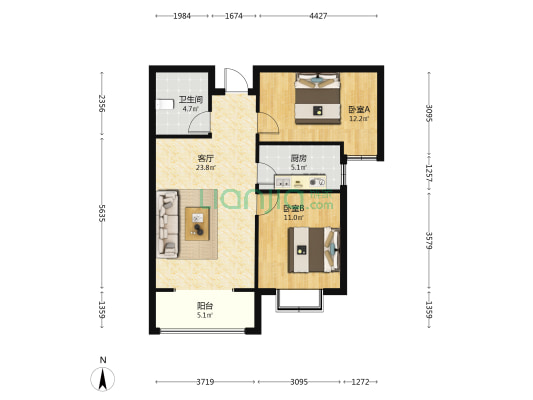 枫景华庭 2室1厅1卫 87平方