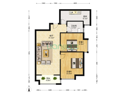 陕汽泾渭国际城 2室1厅1卫 88平方
