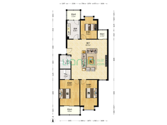 新华小区 3室1厅2卫 124平方