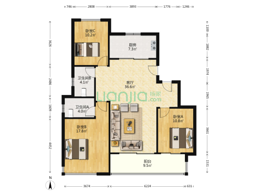 观园 3室1厅2卫 122平方